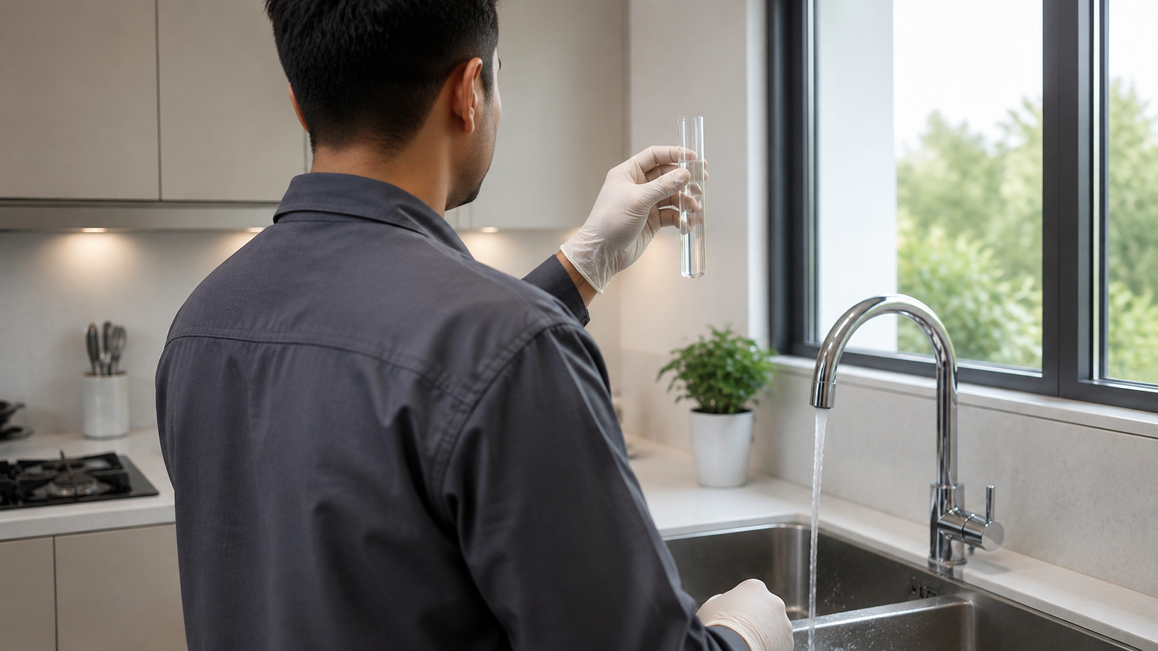 Person at a kitchen sink holding a glass under running water beside a window and potted plant