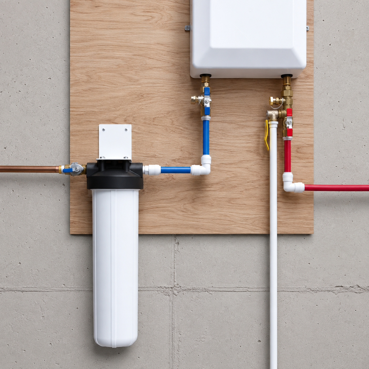Water filtration system with pipes and valves mounted on a plywood panel and concrete wall