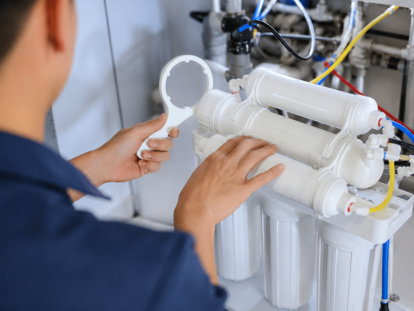 Technician inspecting a white water filtration system with a handheld mirror in a workshop