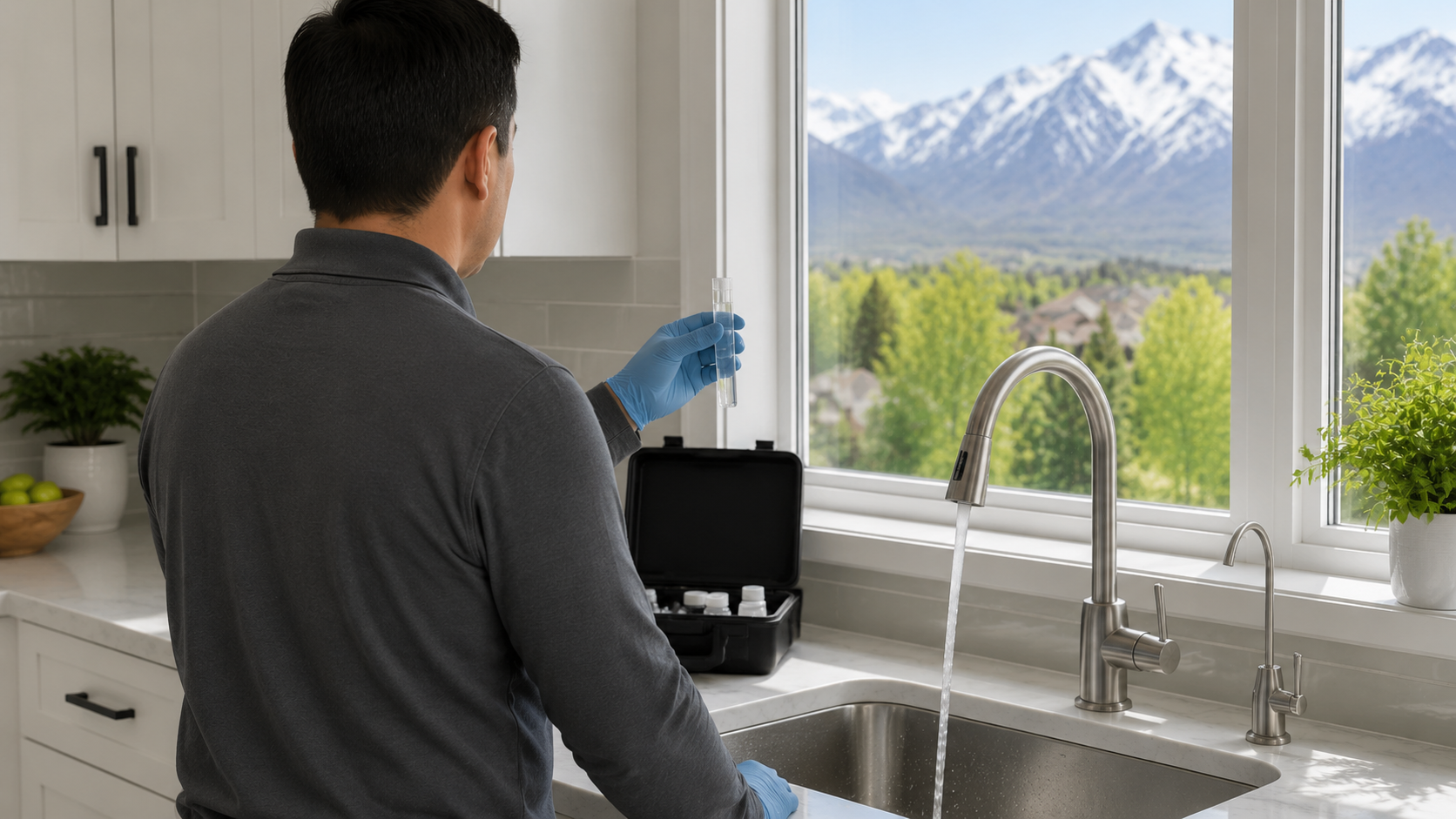 Person in a kitchen using gloves near a sink, with snowy mountains visible through the window.