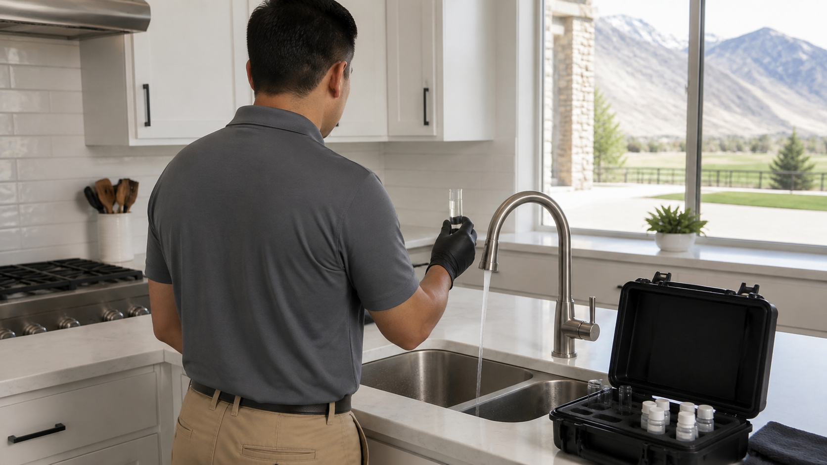 Person cleaning a kitchen sink with a spray bottle near a double-basin sink and window.