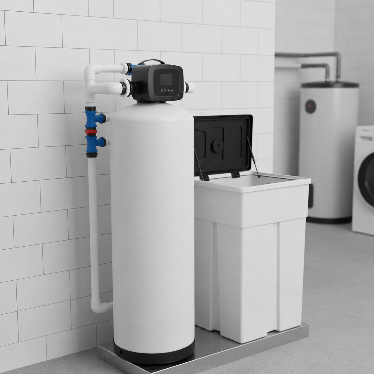 Water softener and filtration system in a utility room, with white tanks and pipes against a tiled wall