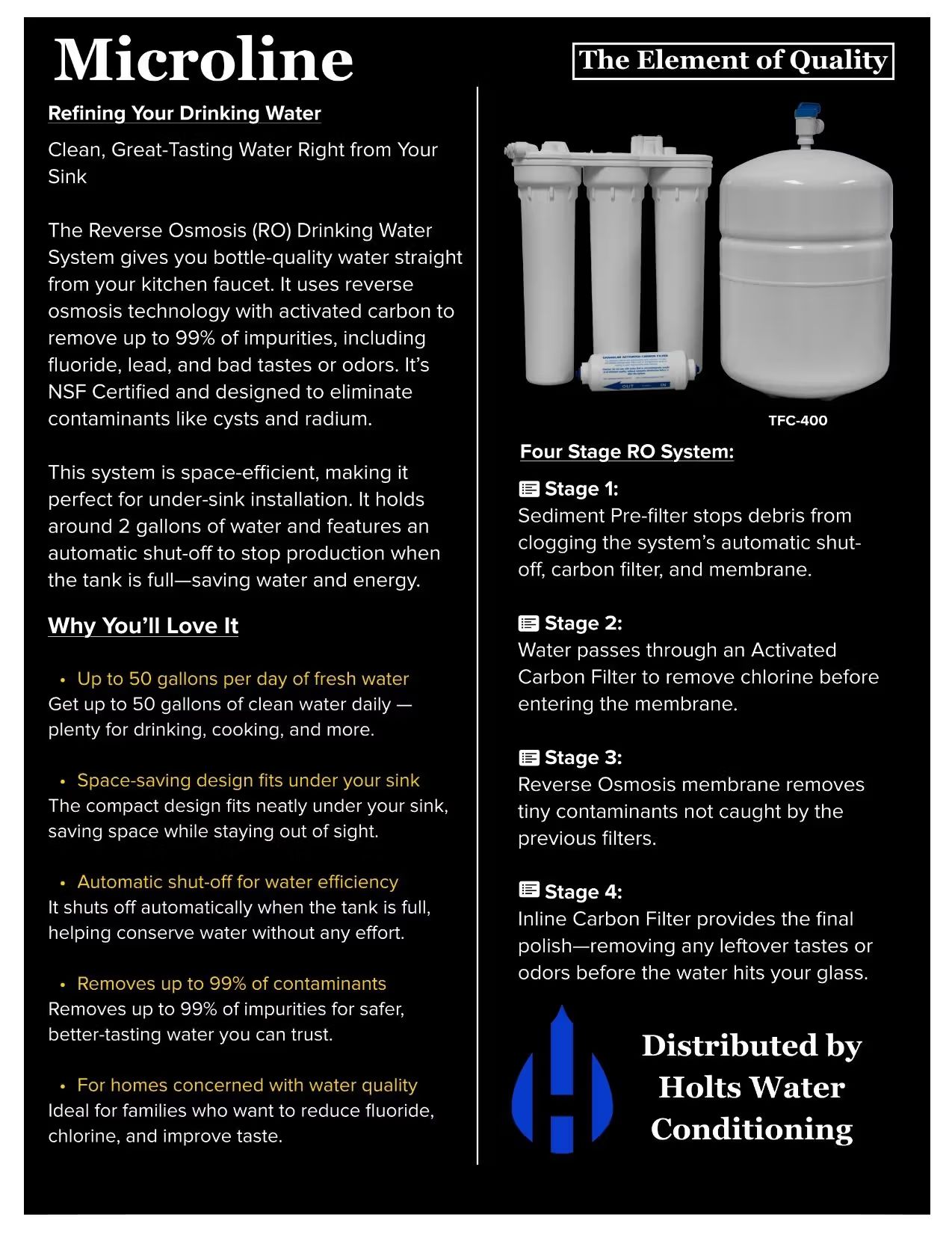 Microline water filter brochure showing white filter cartridges and blue pitcher system on black background