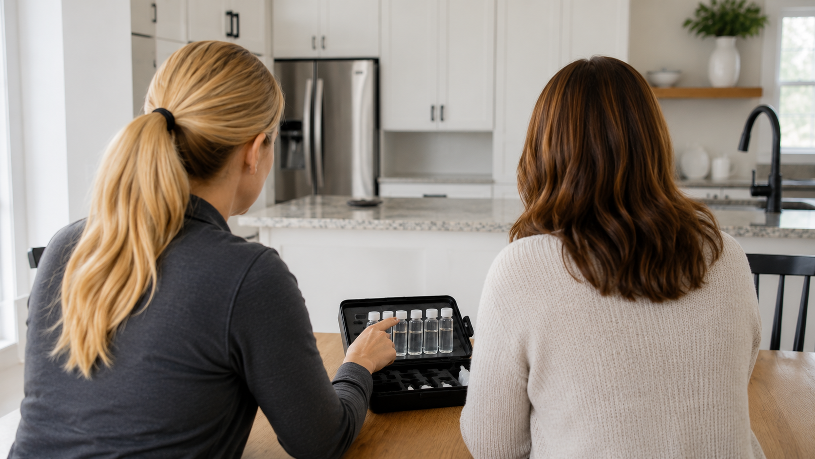 Two people sit at a kitchen table looking at a tablet, with a white kitchen and stainless steel fridge behind them.