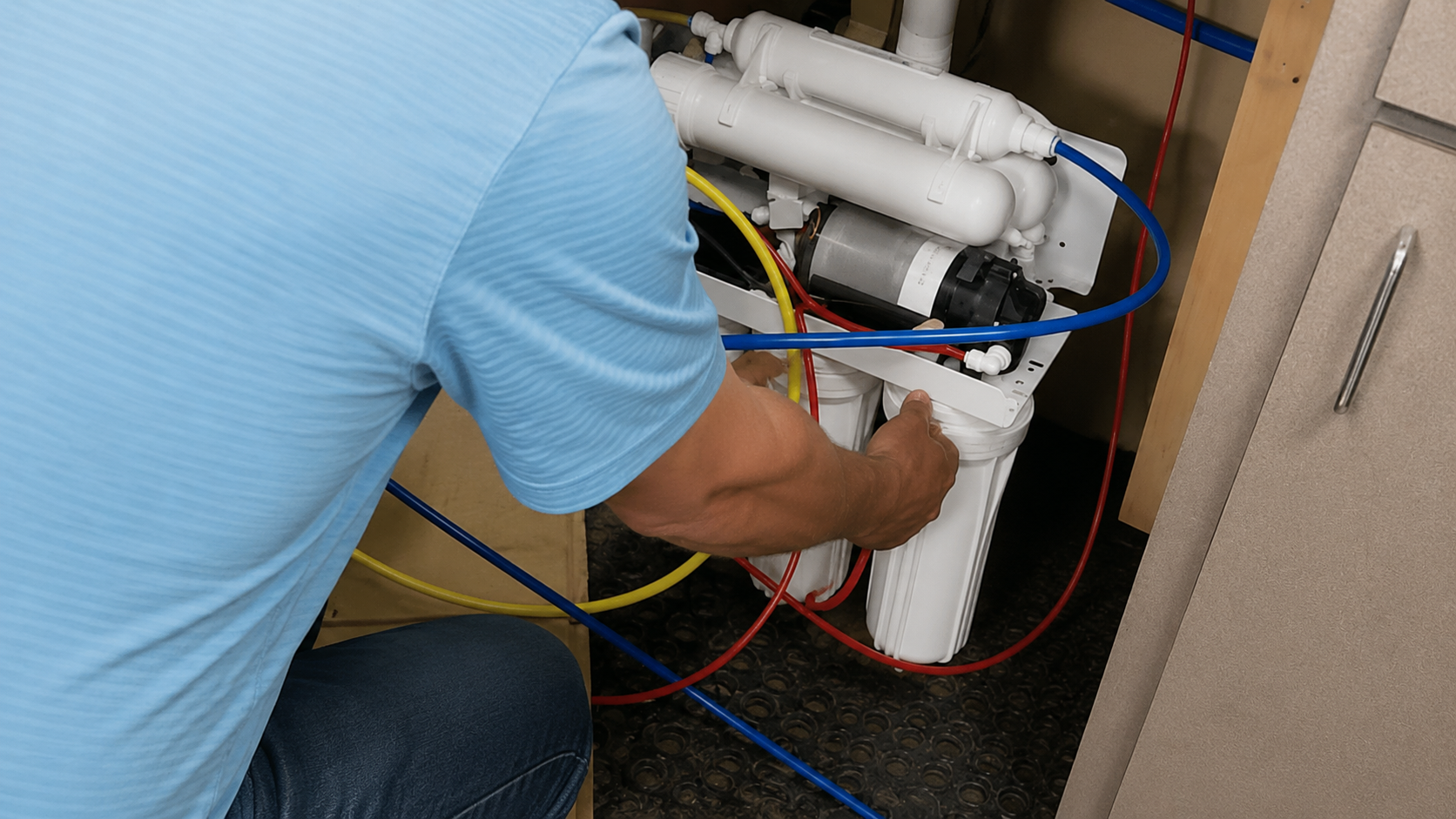 Technician in a blue shirt repairing a water filtration system under a sink with colored hoses.
