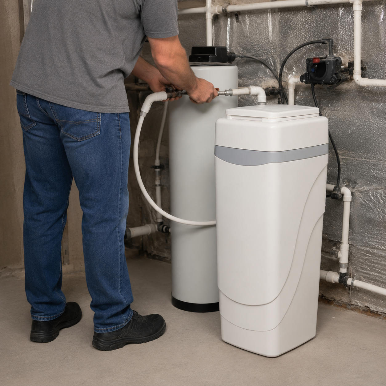Technician connecting a water filtration system in a basement utility area.