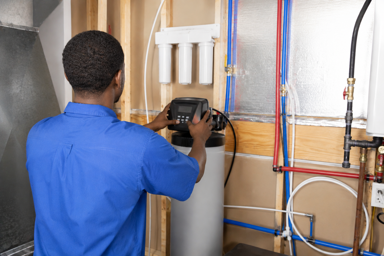 Technician inspecting a water heater and exposed plumbing in a utility room