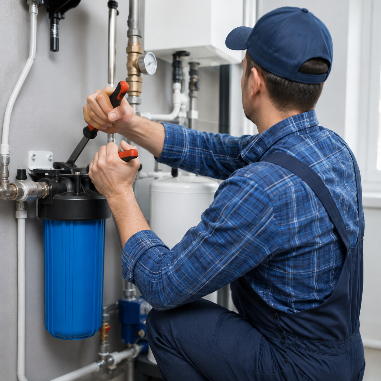 Technician adjusting plumbing pipes beside blue water filtration tanks in a utility room