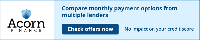 Acorn Finance ad with blue logo, “Compare monthly payment options from multiple lenders,” and a “Check offers now” button