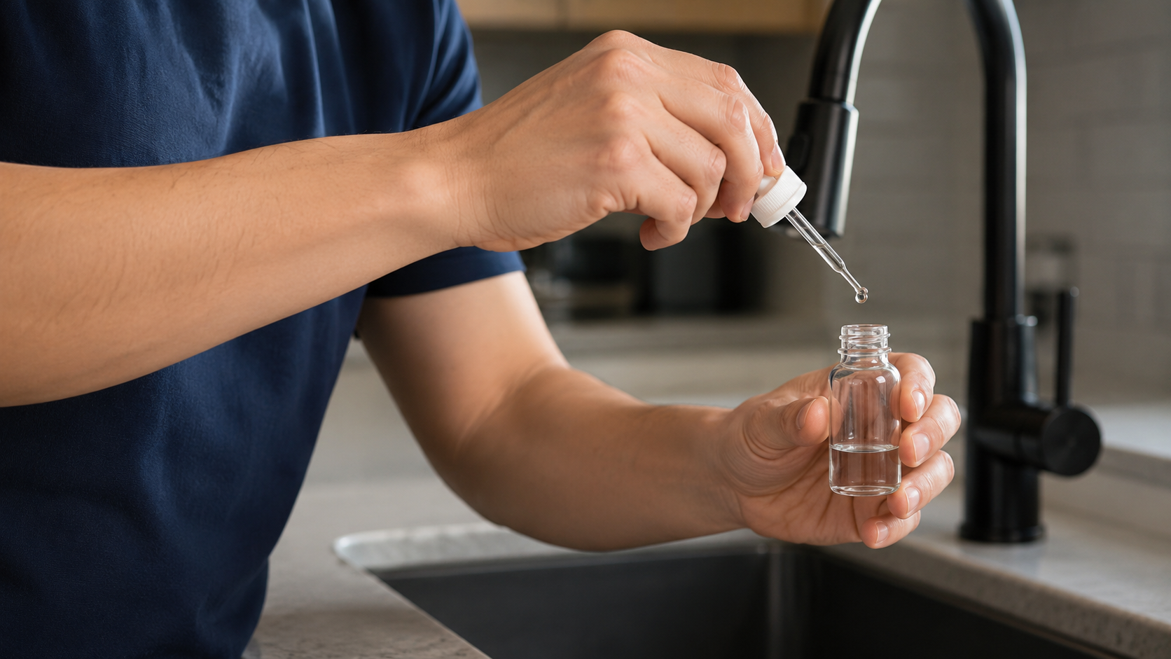 Person filling a small bottle with a dropper at a kitchen sink