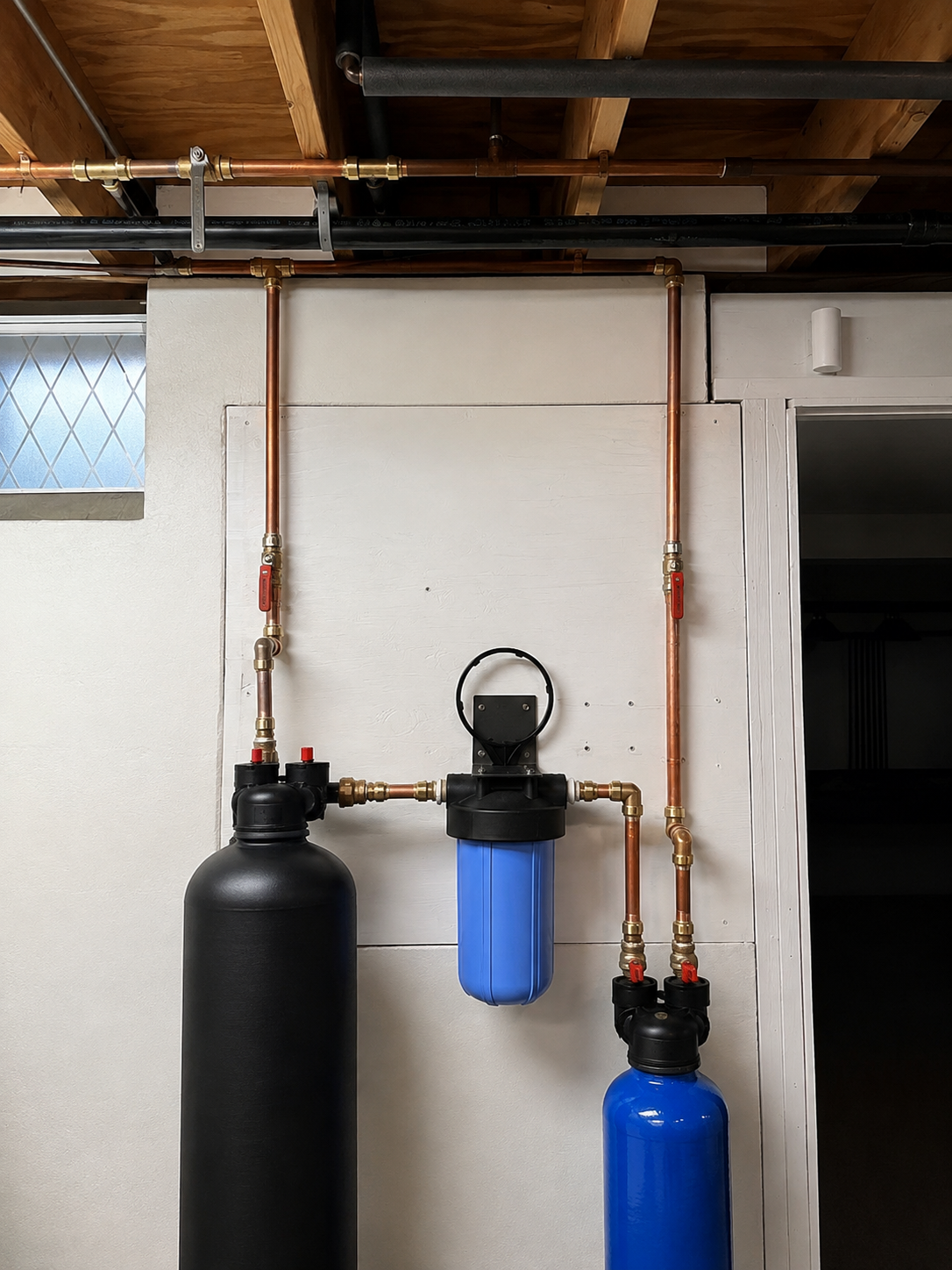 Water filtration system with three tanks and copper piping mounted on a basement wall