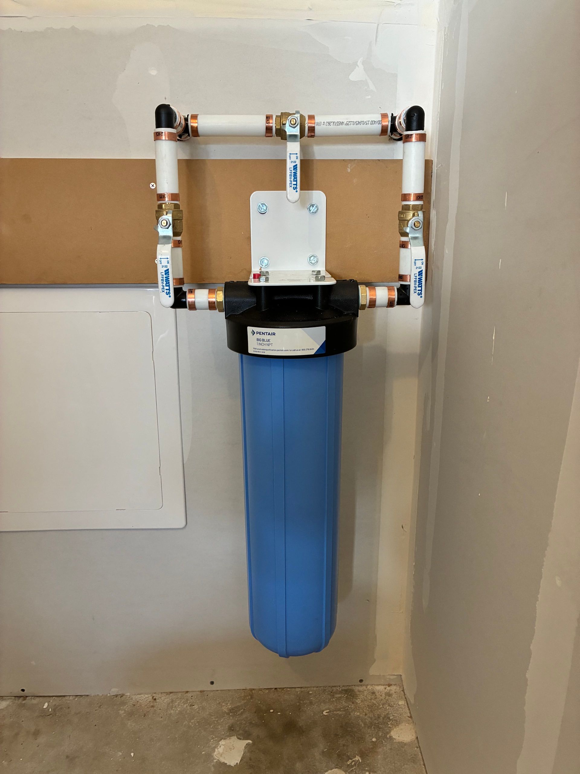 Blue whole-house water filter mounted on a wall with copper piping and white housing