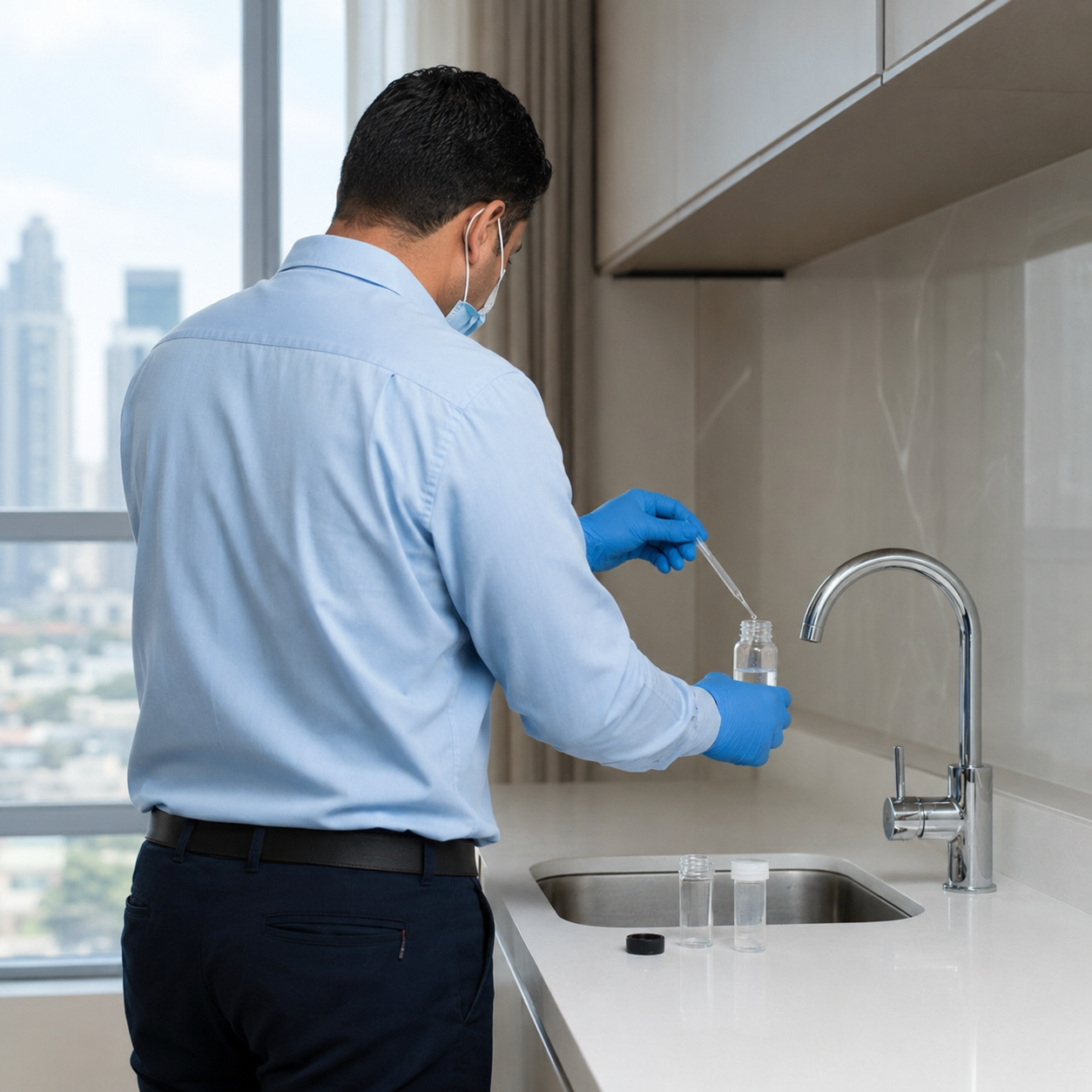 Person in blue gloves cleaning a kitchen sink and faucet with a spray bottle