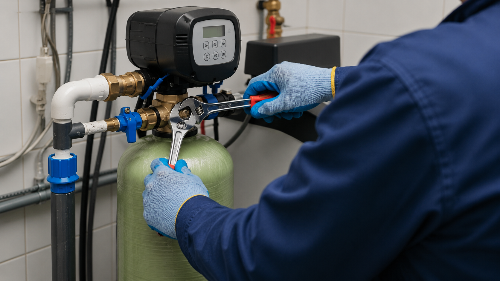 Gloved worker repairing a water tank valve with tools in a tiled utility room