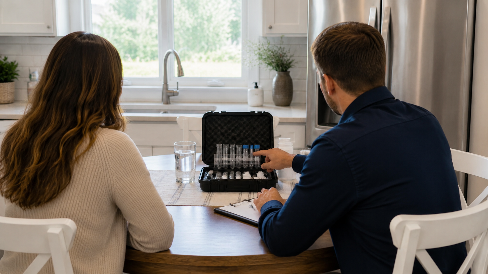 Two people sit at a table reviewing a laptop beside a bright kitchen window.