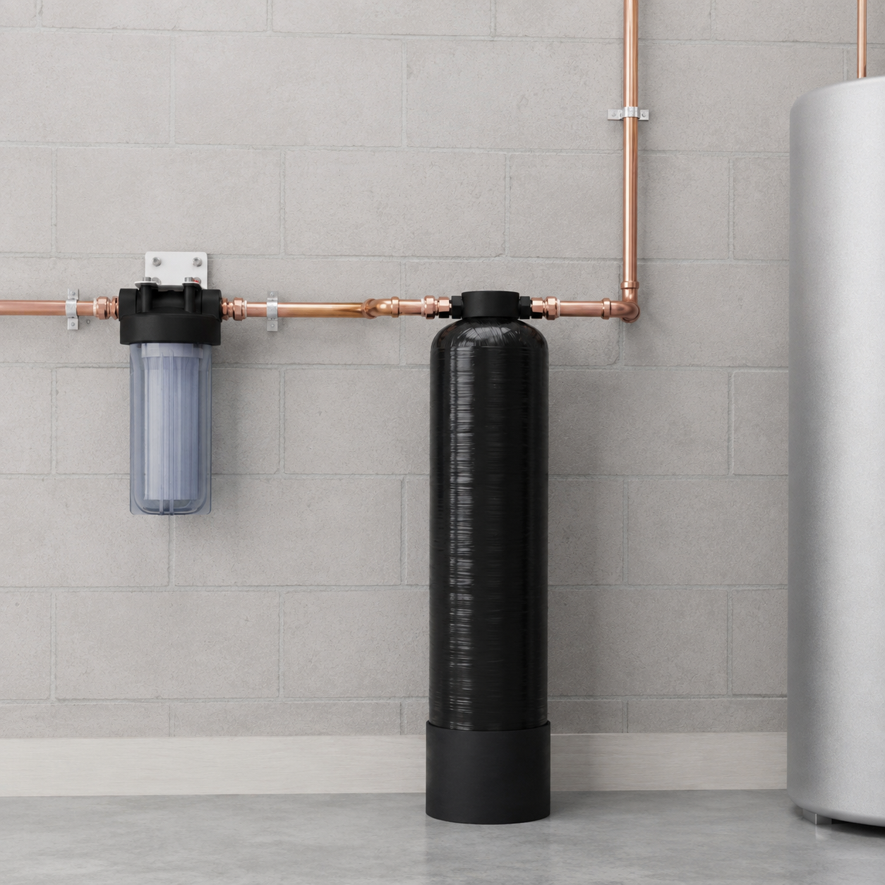 Water filtration system with a clear filter, black tank, copper pipes, and a silver cylinder in a tiled room