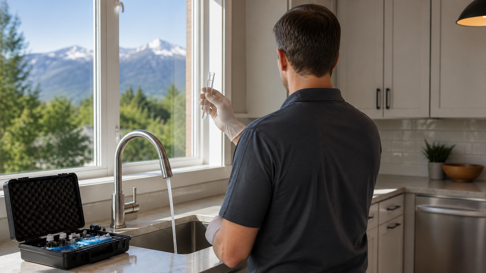 Man standing at a kitchen sink, looking out a window at snowy mountains; open tool case on counter.