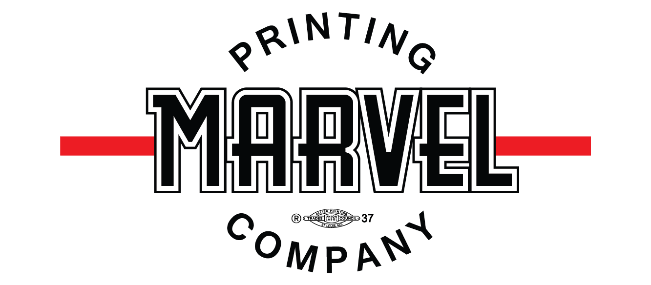Marvel Printing Company logo. Black and white text, red horizontal line. 