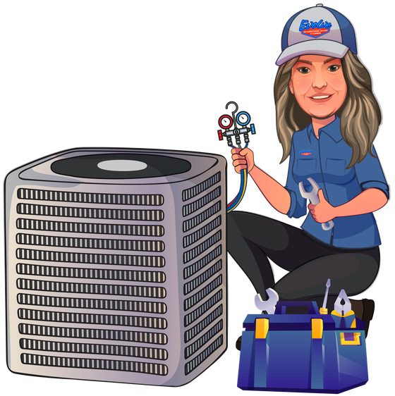 HVAC technician kneeling beside outdoor AC unit, holding tools near a blue toolbox and wearing a cap.