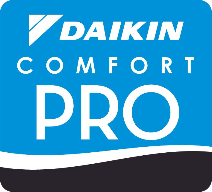 Daikin Comfort Pro logo in blue, white, and black with stylized wave design