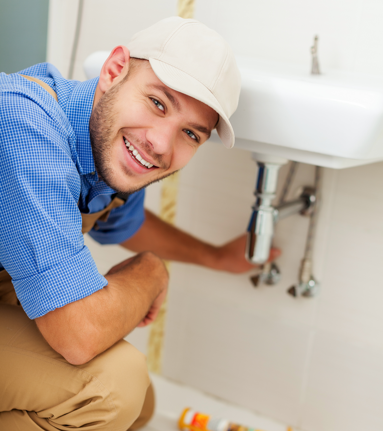 Smiling plumber fixing pipes under a sink, wearing a white cap and blue shirt