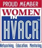 Proud member badge for Women in HVACR, red, white, and blue, with “Networking, Education, Mentoring.”