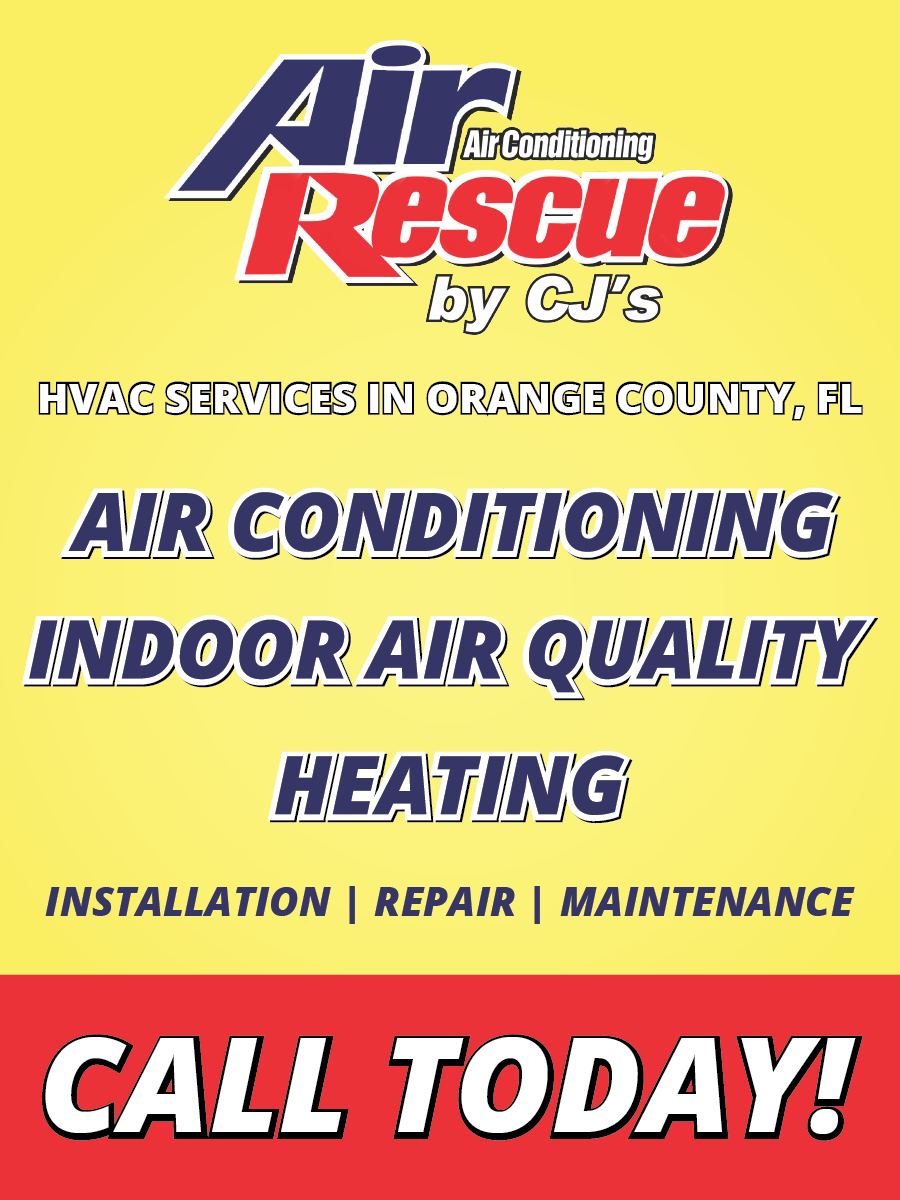 Bright yellow flyer for 'Air Rescue by CJ's', offering HVAC services in Orange County, FL.