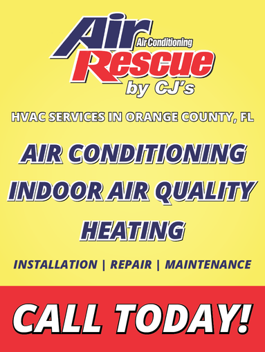 Bright yellow flyer for 'Air Rescue by CJ's', offering HVAC services in Orange County, FL.