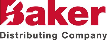 Red logo for Baker Distributing Company, featuring a stylized letter B with arrows and text below.