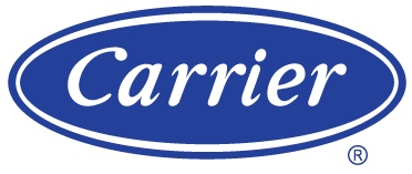The blue, oval-shaped logo for Carrier Corporation featuring the brand name in white, italicized text.