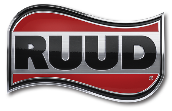 The Ruud company logo featuring bold black lettering on a silver background, encased in a red, wavy-edged frame.