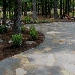 A flagstone patio curves past a landscaped garden bed with small green shrubs and trees in a wooded backyard.