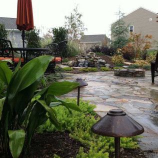 A backyard patio with a stone fire pit, tiered landscaping, and metal path lights on a rainy day.