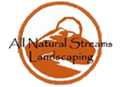 Logo for All Natural Streams Landscaping, featuring a circular orange design with a stylized mountain and stream.