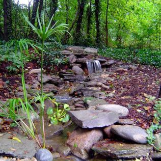 A small, tiered stone waterfall flows through a shaded garden surrounded by lush green trees and damp earth.