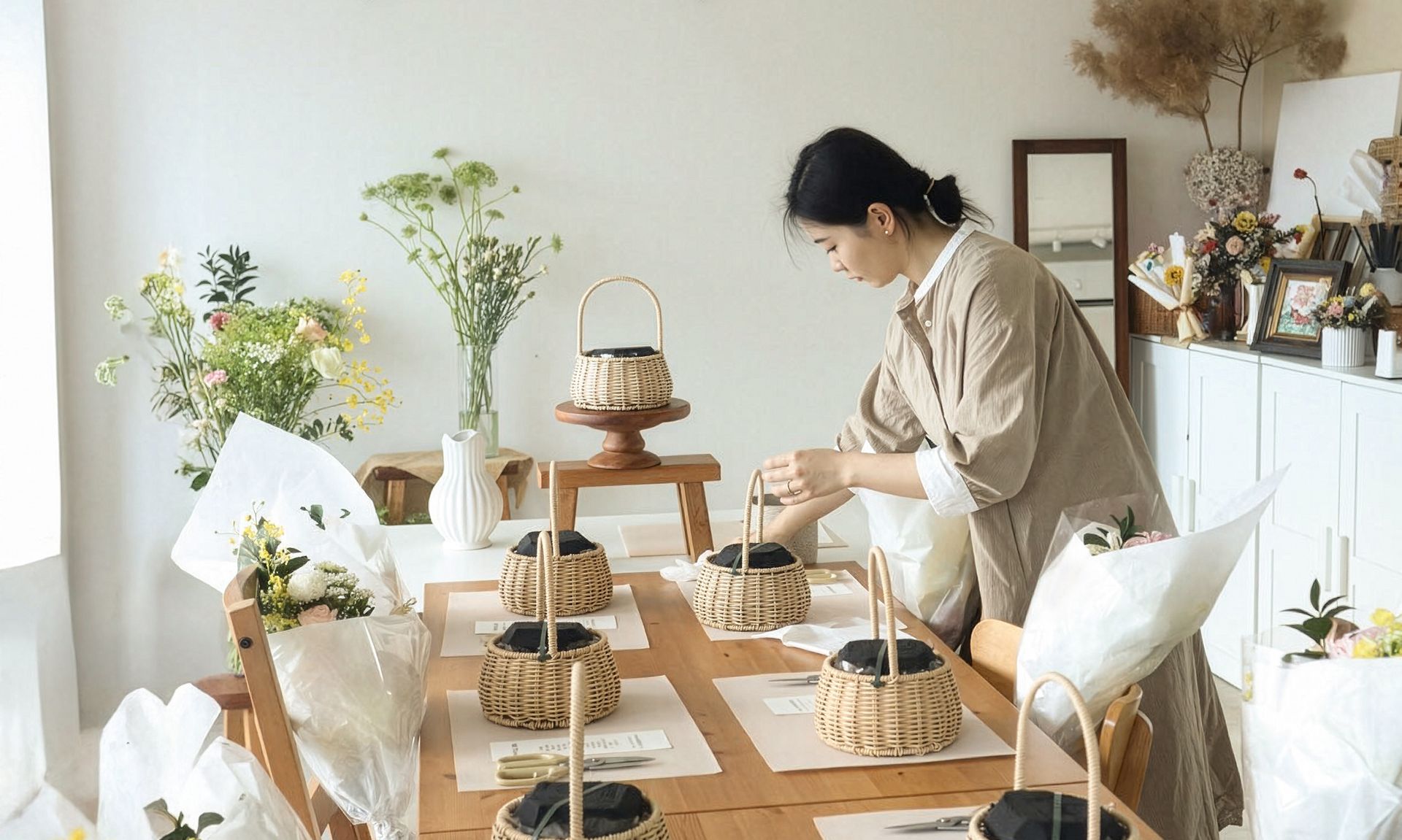 在明亮的房間裡，有人正在佈置一張燈光柔和的餐桌，桌上擺放著鮮花、蠟燭和糕點。