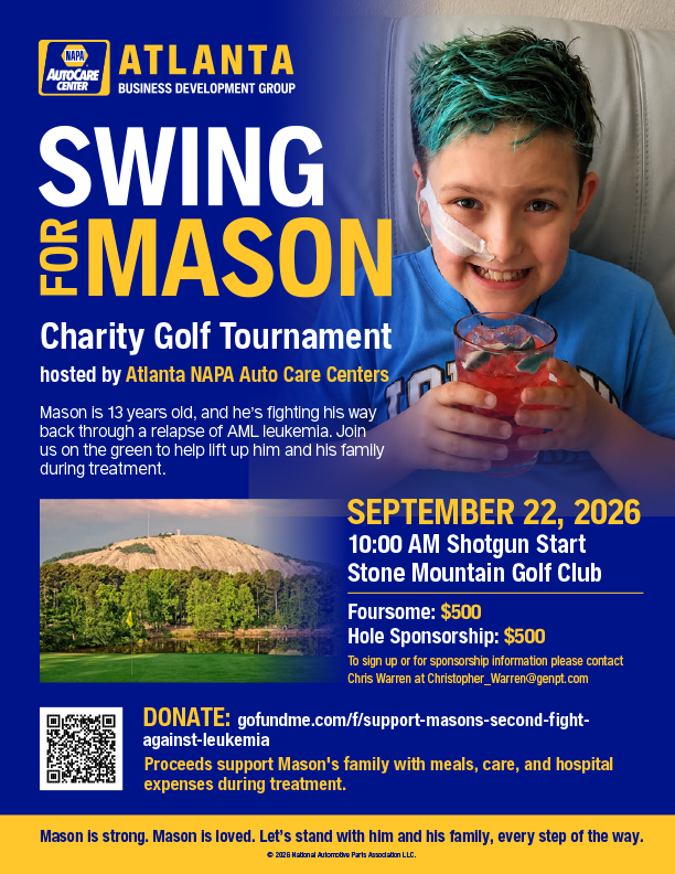 Atlanta Swing for Mason charity golf tournament flyer with smiling child portrait and September 22, 2026 details