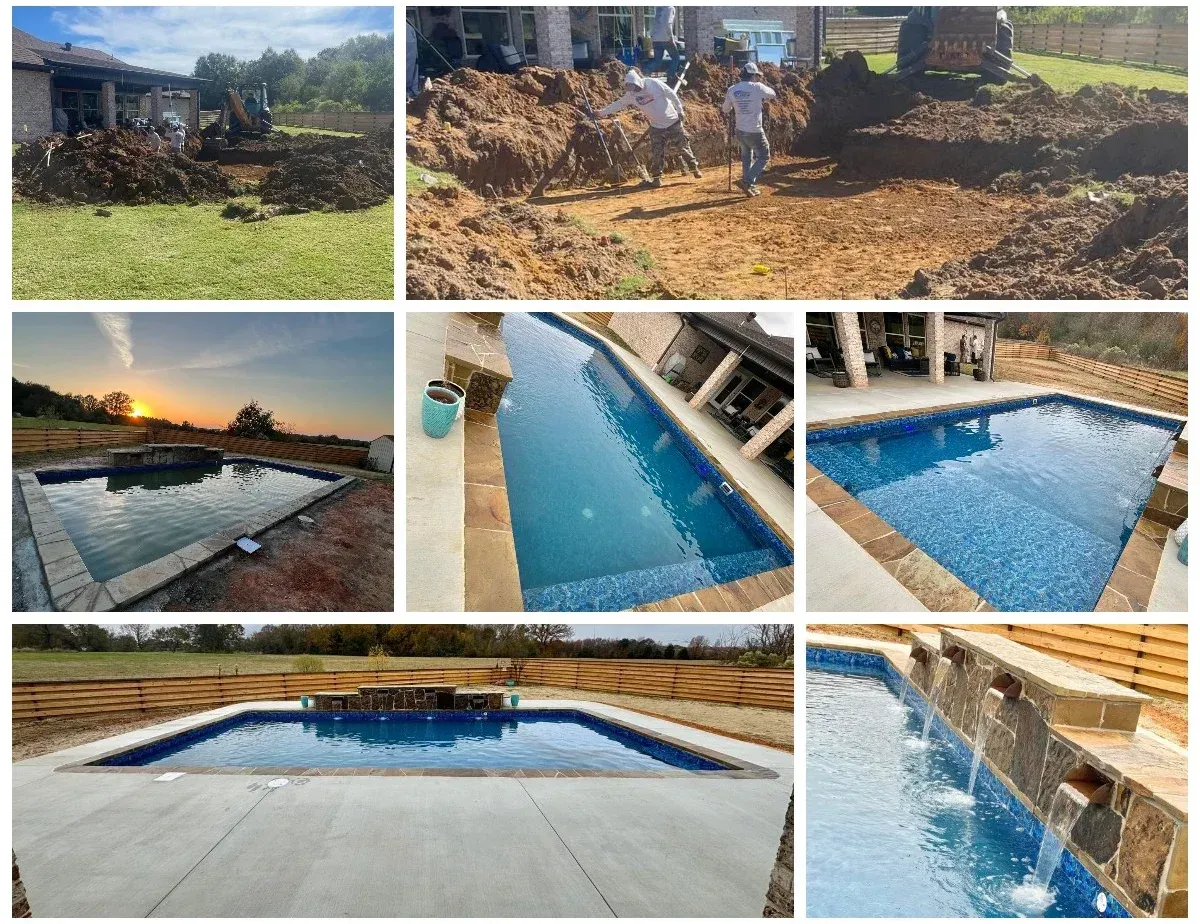 A collage of pictures of a swimming pool being built.
