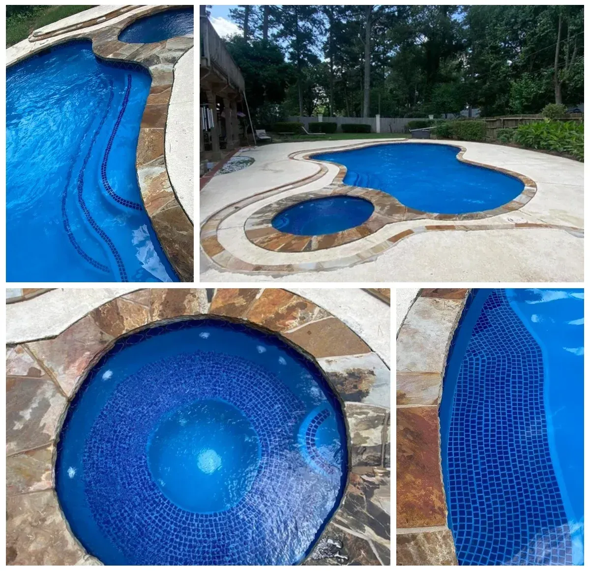 A collage of photos of a blue swimming pool