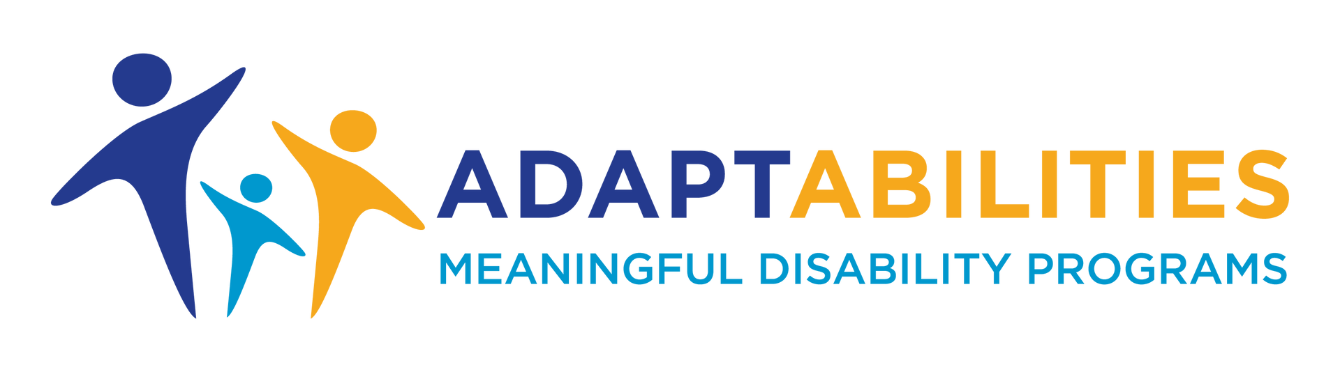 Logo for AdaptAbilities, featuring three stylized, colorful figures reaching upward next to the text.