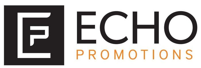 Logo for Echo Promotions, featuring a square icon with an E-shaped design next to the text in black and tan.