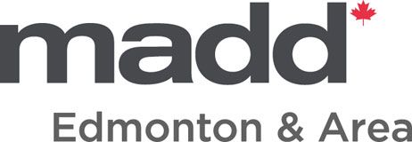 The MADD Edmonton & Area logo in dark grey text with a small red maple leaf symbol on the right.