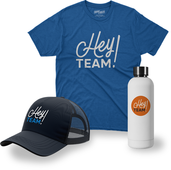 A blue t-shirt, a dark blue mesh trucker hat, and a white water bottle, all branded with the white text