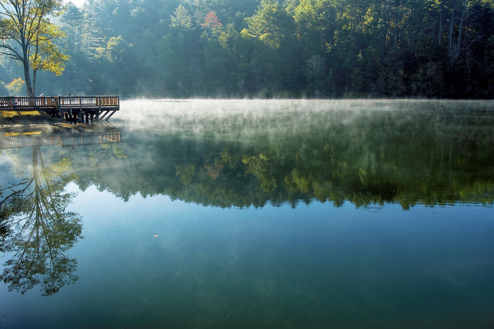 Mist rising over a calm lake, reflecting trees and a wooden dock on a sunny day.