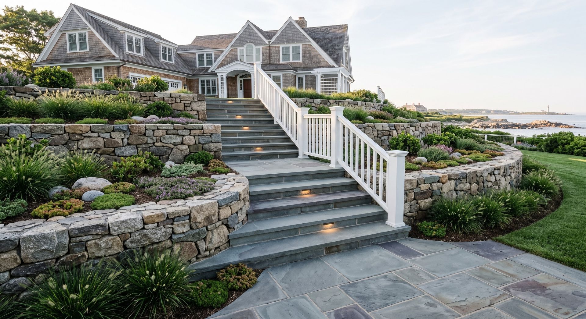 Stone steps with white railings lead to a large gray seaside house with landscaped gardens.
