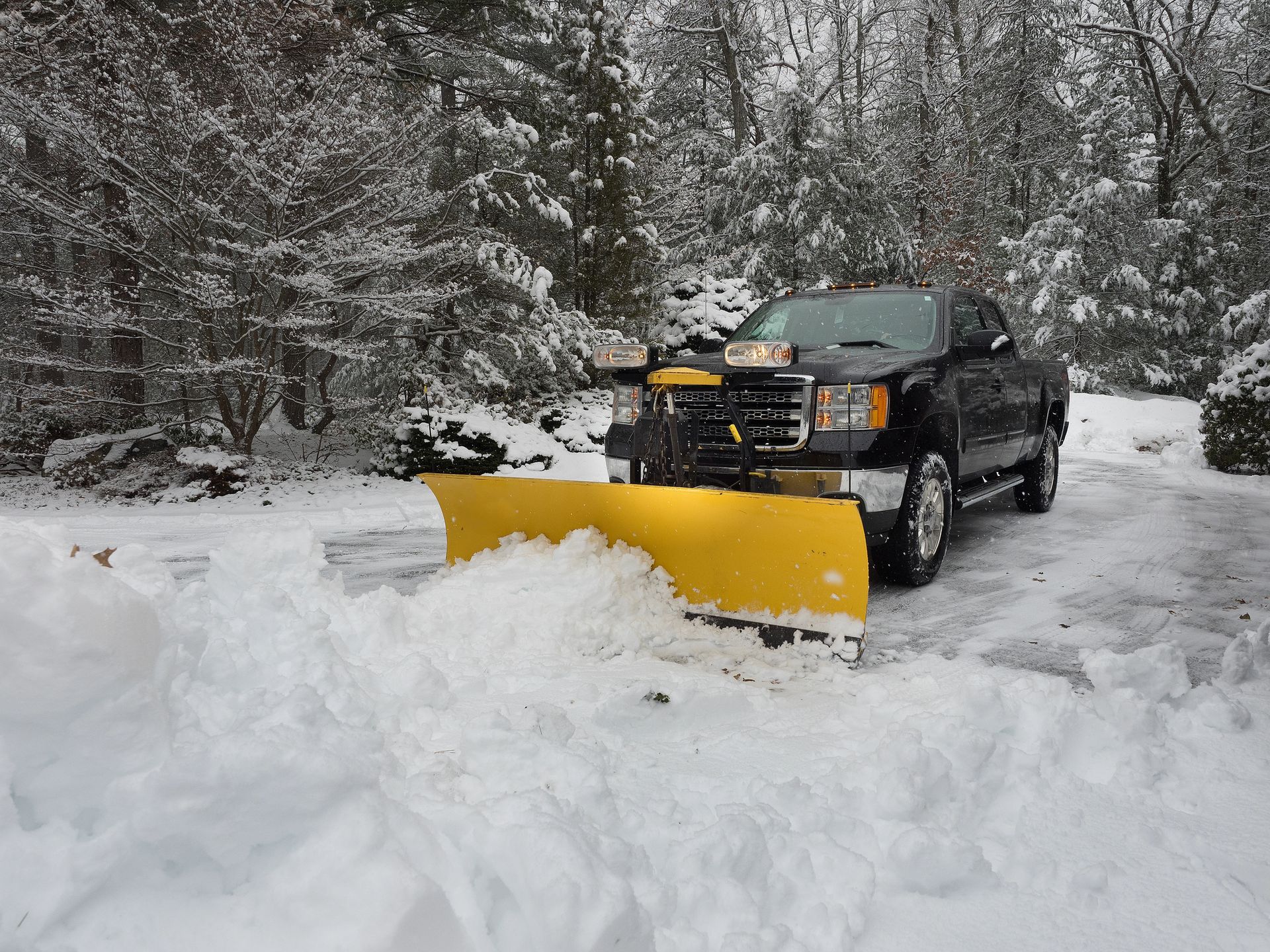 Black truck with yellow snowplow clearing a snow-covered driveway in a wooded area.