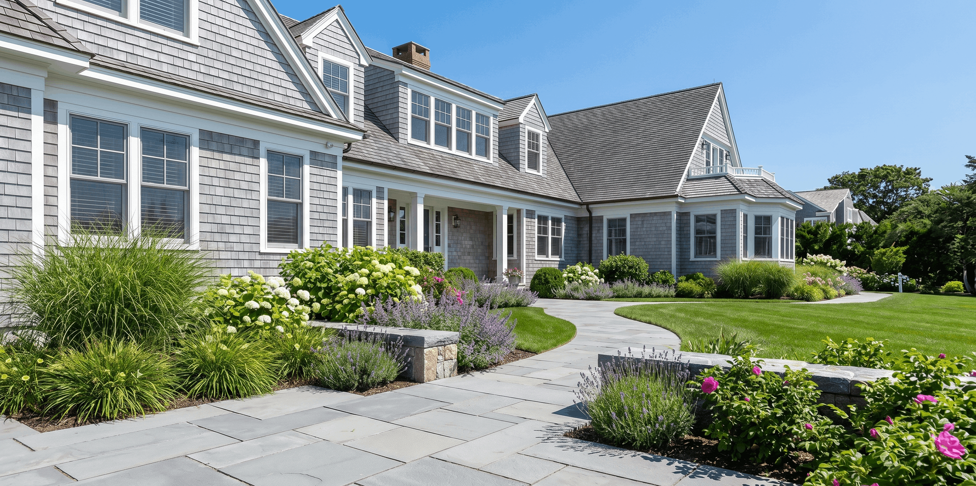Elegant gray house with white trim, manicured lawn, and landscaped garden under a bright sky
