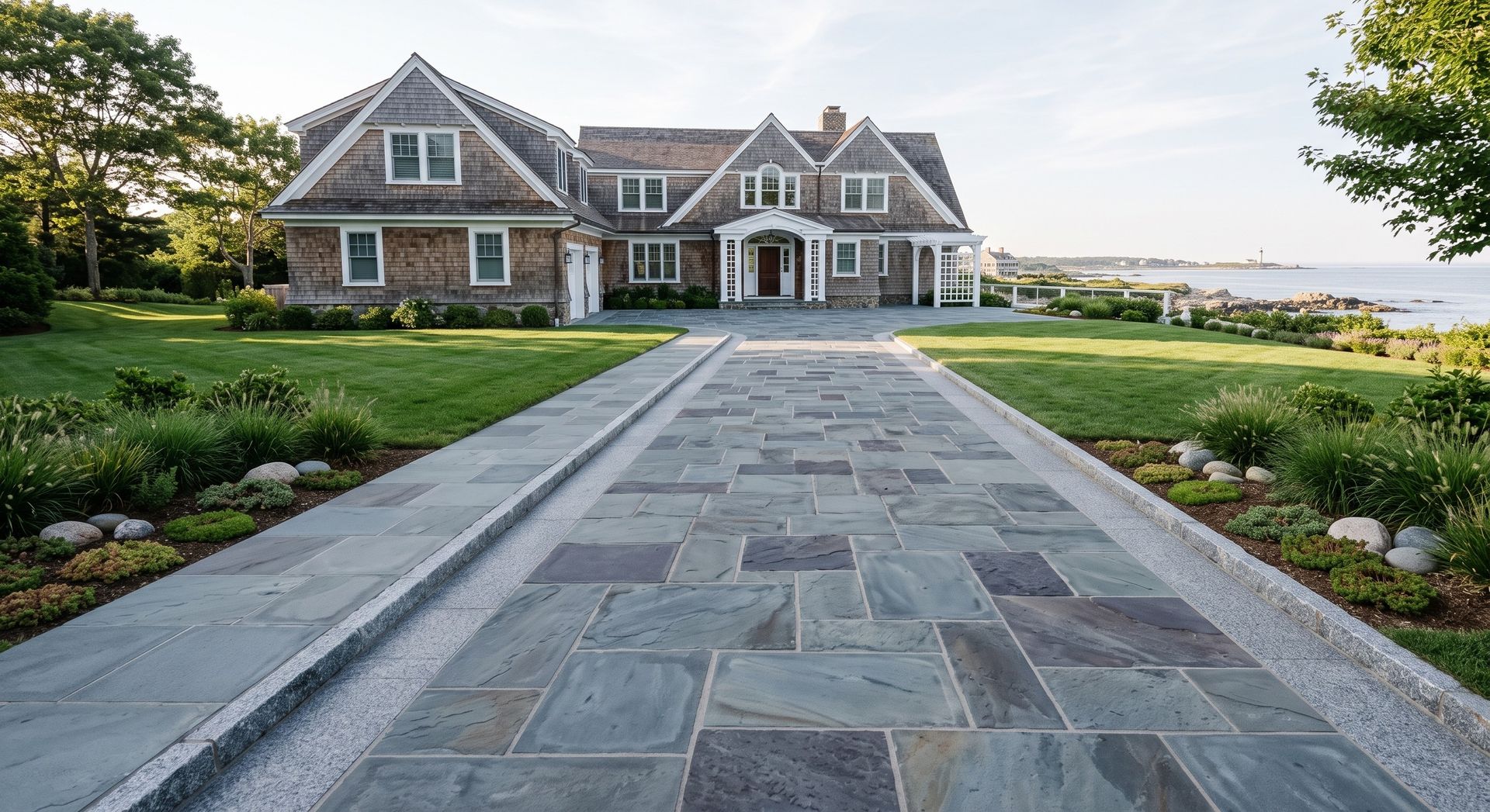 Stone walkway leading to a large waterfront house with gray siding and a landscaped lawn at sunset