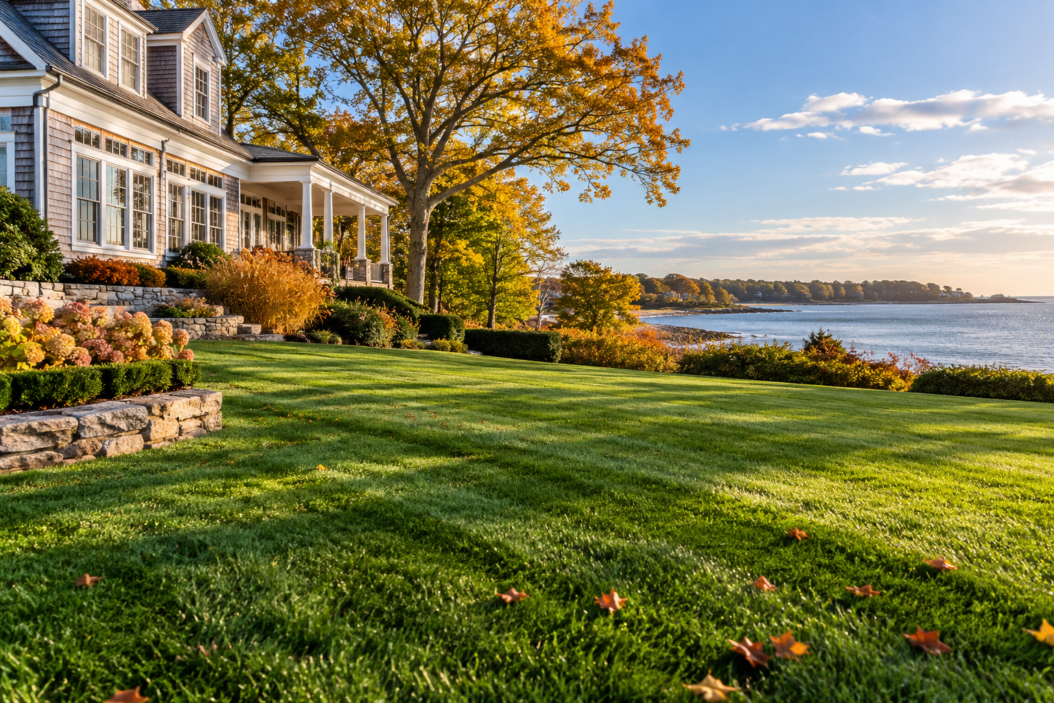 Waterfront house with autumn trees, green lawn, and a calm lake at sunset