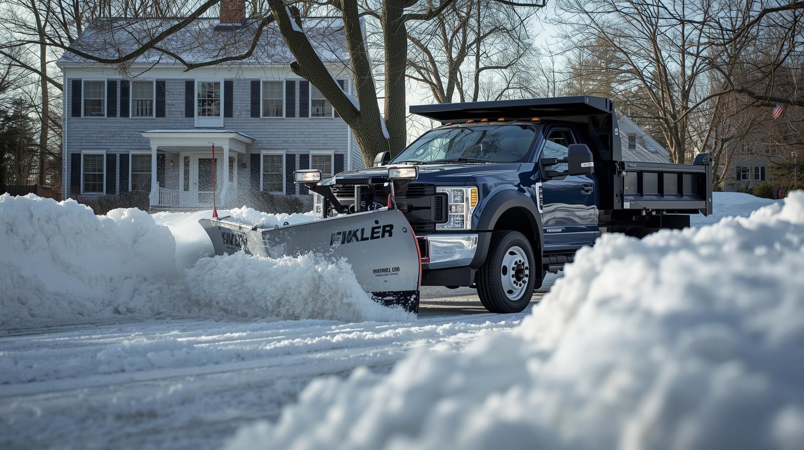 Snowplow clearing a snowy residential street in front of a house, with deep snowbanks.